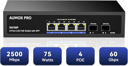 6 Port 2.5G PoE Switch, AUMOX PRO 4 Port 2.5G Network Unmanaged Switch by AUMOXPRO