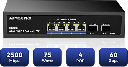 6 Port 2.5G PoE Switch, AUMOX PRO 4 Port 2.5G Network Unmanaged Switch by AUMOXPRO