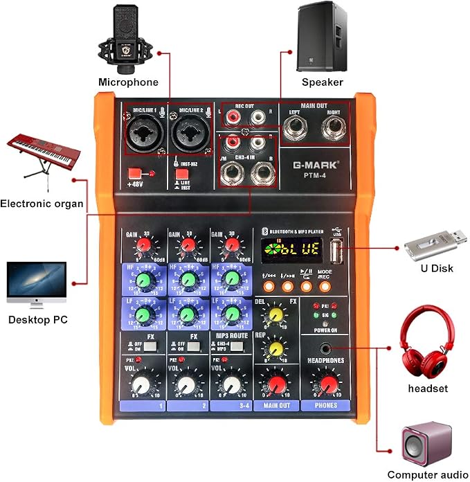 G-MARK Analog Mixer Audio 4 Channel DJ Audio Mixer Bluetooth Studio Karaoke - Image 7