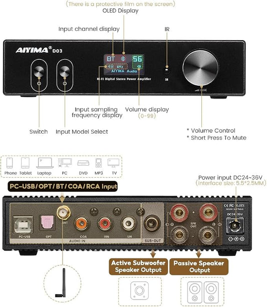 AIYIMA D03 Bluetooth 5.0 DAC Amplifier 150 Watt x 2 Stereo HiFi 2.1 CH Digital - Image 2