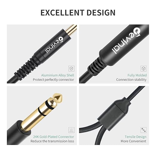 Devinal 1/4 inch TRS Splitter Cable, 6.35mm Stereo Y Cable, 1/4 Male Plug to - Image 4