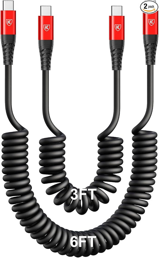 Coiled USB C Cable for Car 3FT & 6FT, USB C to USB C Fast Charging Cable USB by KIYODA