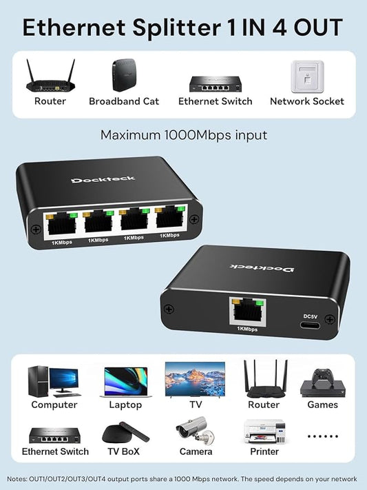 Ethernet Splitter 1 to 4 1000Mbps, Dockteck Internet Cable Splitter 1 in 4 Out - Image 2