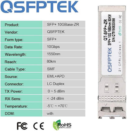 QSFPTEK 10G SFP+ Module, 10GBASE-ZR LC Single-Mode Fiber SMF 1550nm, 10Gb - Image 4