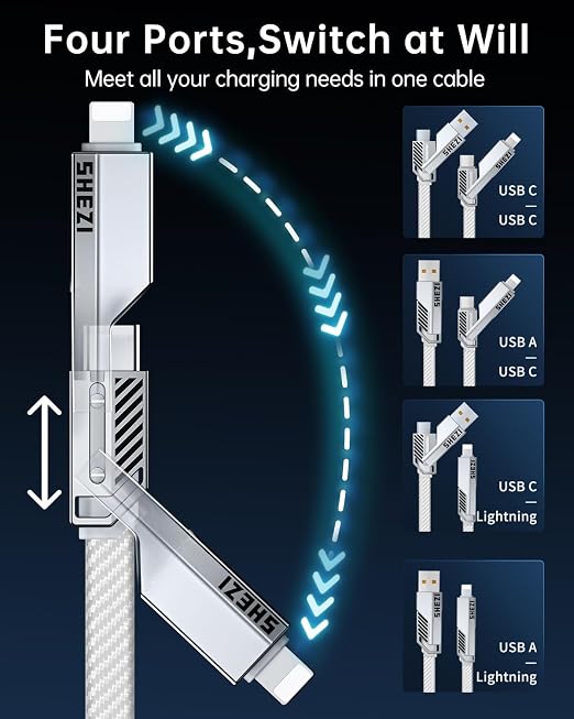 SHEZI 4-in-1 USB C Cable 60W 5FT Fast Charging Flat Nylon Braided Charger Cord - Image 2