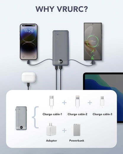 VRURC Portable Charger Built-in Cables and AC Wall Plug, USB C Power Bank - Image 5