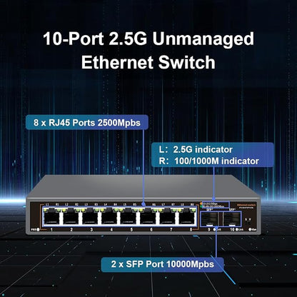 8-Port 2.5G Unmanaged Ethernet Switch, 8×2.5G Base-T Ports, 2×10G SFP+ Uplink - Image 2