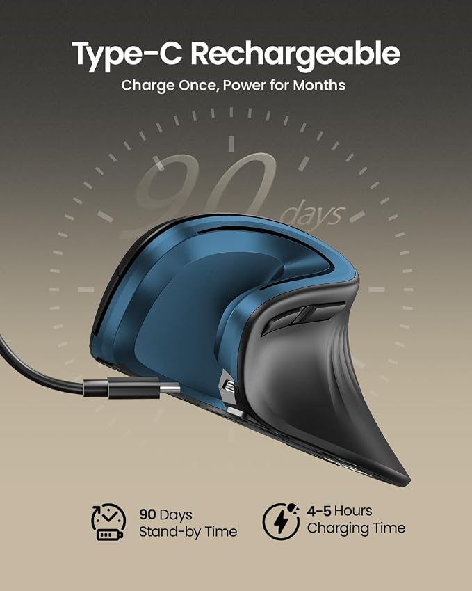 ProtoArc Ergonomic Vertical Mouse, EM11 NL Rechargeable Wireless Mouse Bluetooth - Image 2
