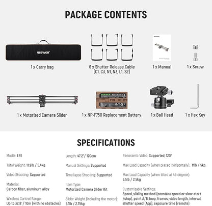 NEEWER 47.2"/120cm Motorized Camera Slider, App Wireless Control DSLR Carbon - Image 7
