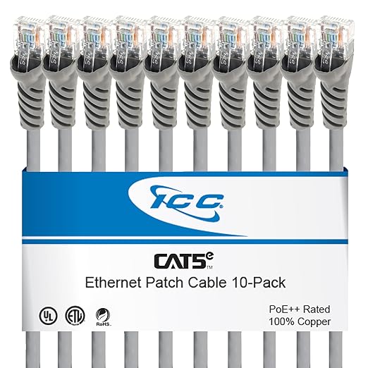 ICC CAT5e Ethernet Patch Cord 1 FT 10-Pack, UTP 24 AWG UL Listed, 100% Stranded by ICC