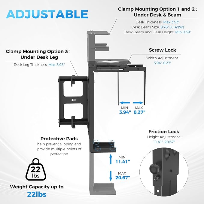 Suptek Clamp-on Desk or Desk Leg PC Mount, Adjustable Height and Width - Image 2