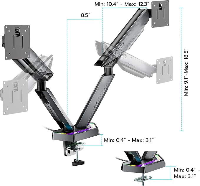 ARES WING RGB Dual Monitor Arm for 17-38" Ultrawide Screens, Holds 35.2lbs - Image 9