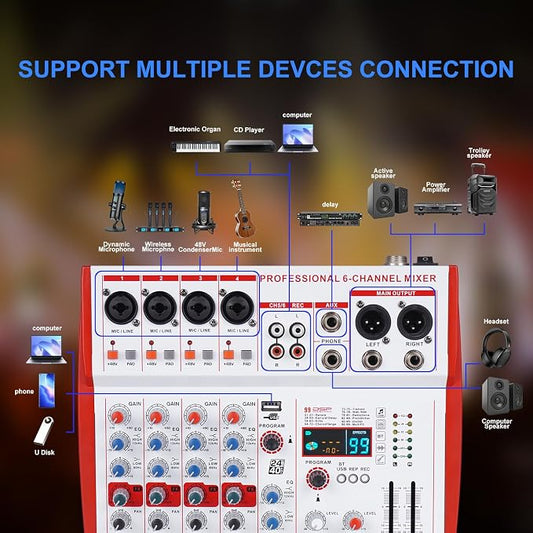 MW-6 6 Channel Professional DJ Audio Mixer, Portable Controller Mixer - Image 2