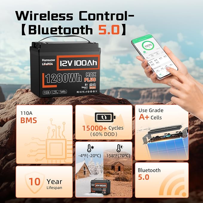 2PACK 12V 100Ah LiFePO4 Lithium Battery MAX Bluetooth 5.0 IP67, 15000+ Deep - Image 2