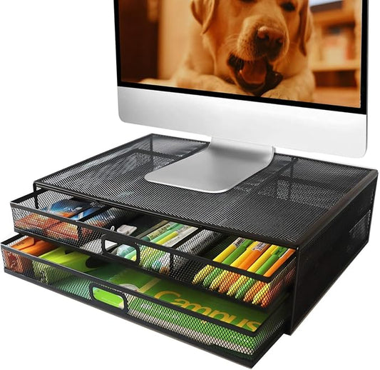 Computer Monitor Stands with Drawers, Metal Mesh Desktop Monitor Riser by MINDEPOT