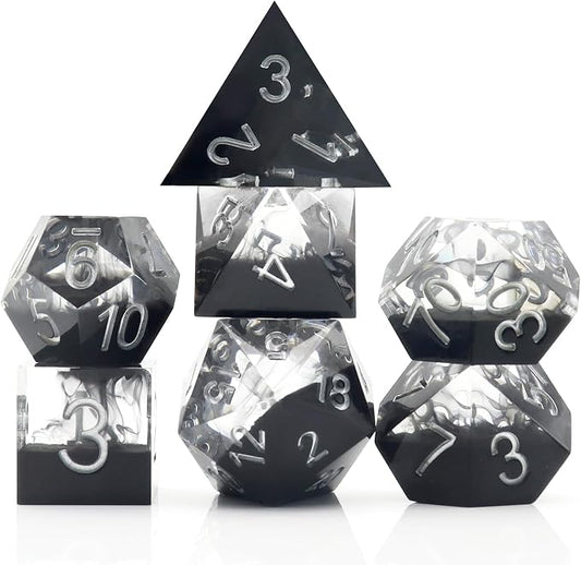 Haxtec Sharp Edge DND Dice Set Black Swirls Resin Dice - Image 2