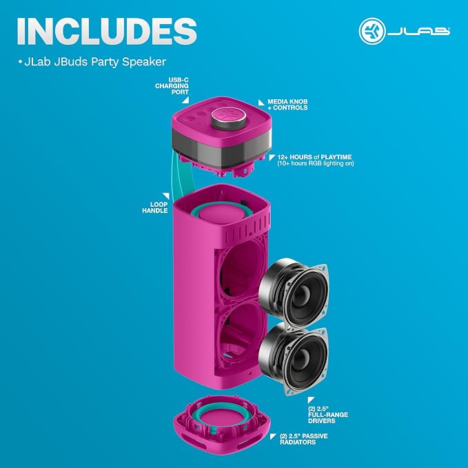 JLab JBuds Party Portable Bluetooth Speaker, 2 Full-Range Drivers + 2 Passive - Image 8