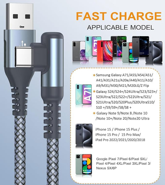USB C Cable Right Angle, USB Type C iPhone 16 Charger Cable Nylon Braided Cord - Image 2