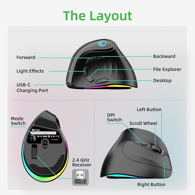 2.4G / BT/Wired Tri-Mode RGB Rechargeable G53 Wireless Vertical Ergonomic Mouse - Image 6