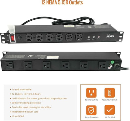 Tecmojo 1U Rackmount Network-Grade PDU Surge Protector Power Strip, 12 Outlets - Image 6