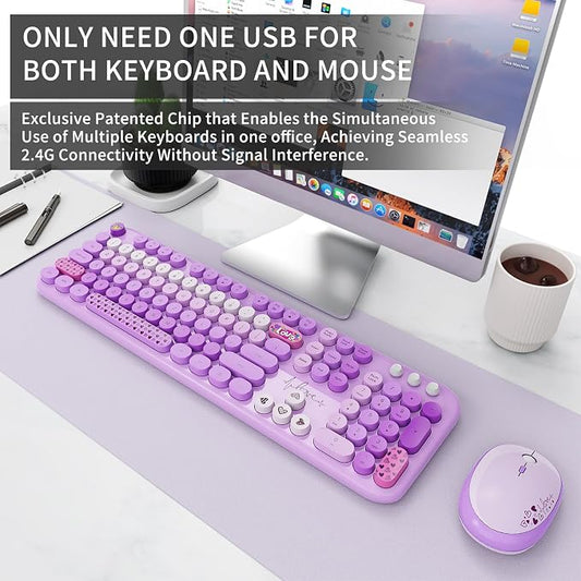 Wireless Keyboard and Mouse Set, 104 Round Keys Full-Size Cute Colorful - Image 2