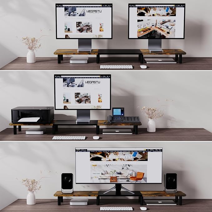 43.7" Extra Long Dual Monitor Stand Riser, Wood & Steel Monitor Stand - Image 4