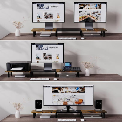 43.7" Extra Long Dual Monitor Stand Riser, Wood & Steel Monitor Stand - Image 4