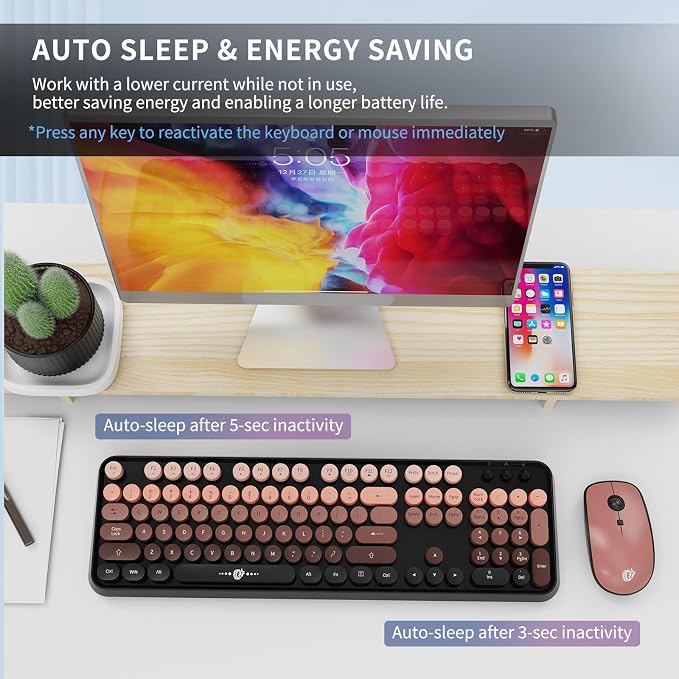 Wireless Keyboard and Mouse Combo, 104 Round Keys Cute Colorful Keyboard and - Image 5