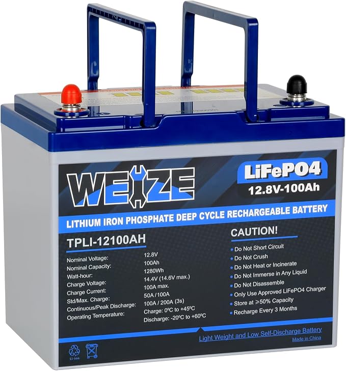 WEIZE 12V 100Ah Mini LiFePO4 Battery, Built-in 100A Smart BMS, Deep Cycle by WEIZE