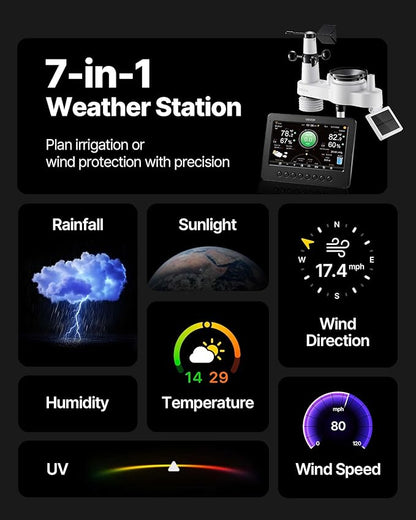 VEVOR 7-in-1 Wi-Fi Weather Station, 7-Inch TFT Display, Wireless Solar Powered - Image 4