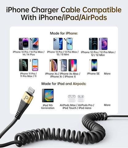 iPhone Charger Cable for Car, 2 Pack 5FT Coiled Lightning Cable iPhone Charger - Image 5