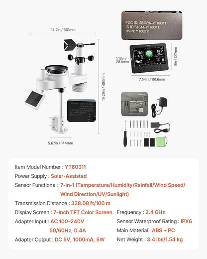 VEVOR 7-in-1 Wi-Fi Weather Station, 7-Inch TFT Display, Wireless Solar Powered - Image 8