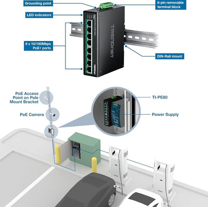 TRENDnet 8-Port Industrial Unmanaged Fast Ethernet PoE+ DIN-Rail Switch - Image 8