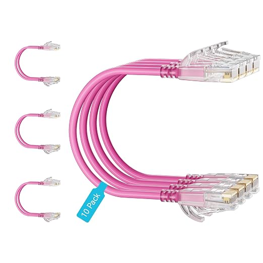 Cat6 Slim Patch Cables 0.5 Feet 10-Pack Pink, Cat6a Patch Cables 10Gbps 550MHz by Unknown