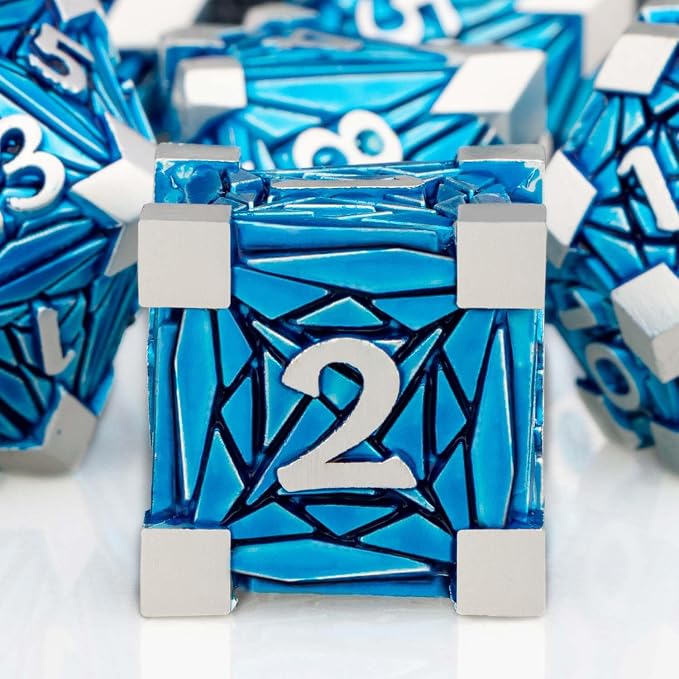 7PCS Metal DND Dice Set with Box, Debris RPG Blue D and D Dice - Image 3