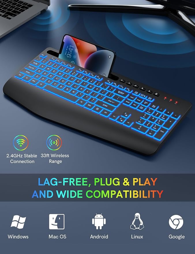 Trueque Wireless Keyboard with 7 Colored Backlits, Wrist Rest, Phone Holder - Image 5