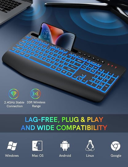 Trueque Wireless Keyboard with 7 Colored Backlits, Wrist Rest, Phone Holder - Image 5