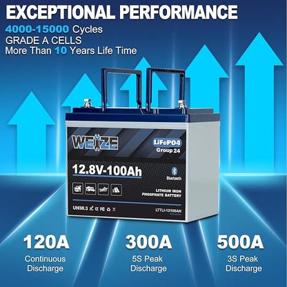 Weize 12V 100Ah Group 24 Bluetooth LiFePO4 Lithium Battery, Built-in 120A BMS - Image 4