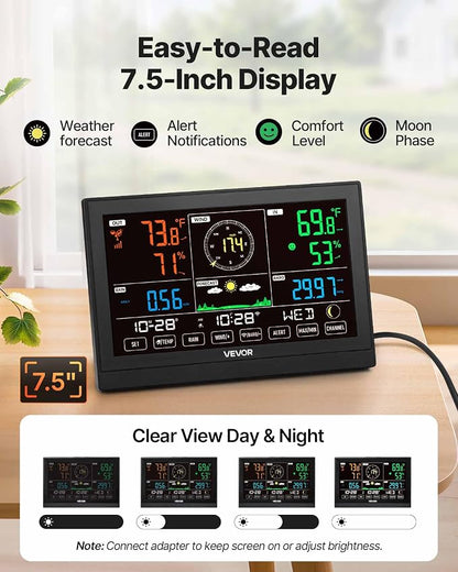 VEVOR 5-in-1 Wi-Fi Weather Station, 7.5-Inch VA Display, Wireless Solar Powered - Image 4