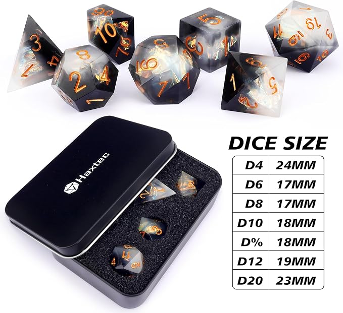 Haxtec Sharp Edge Dice Set DND Dice Black and White Resin Dice Iridecent Mylar - Image 4