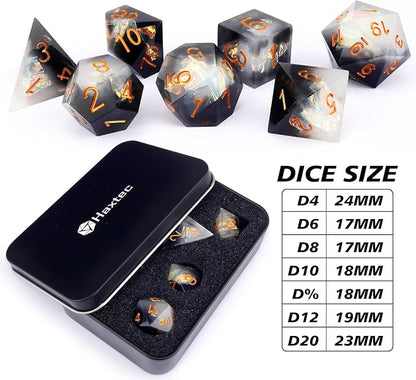 Haxtec Sharp Edge Dice Set DND Dice Black and White Resin Dice Iridecent Mylar - Image 4