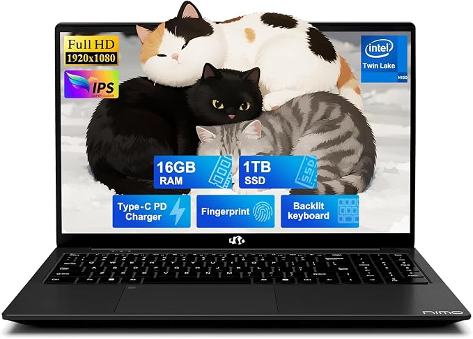 NIMO 15.6" FHD IPS Laptop, Intel N150, 16GB RAM 1TB SSD, Backlit Keyboard by Nimo
