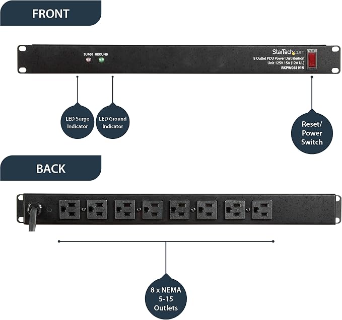 StarTech.com 8 Outlet Horizontal 1U Rack Mount PDU Power Strip - Image 4