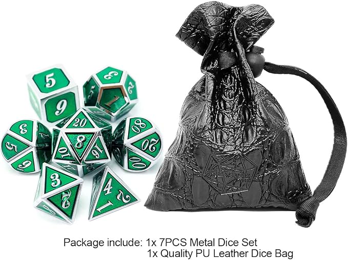 Haxtec 7 Die Metal DND Dice Set Green Elven Goblin D&D Dice Set Compatible - Image 2