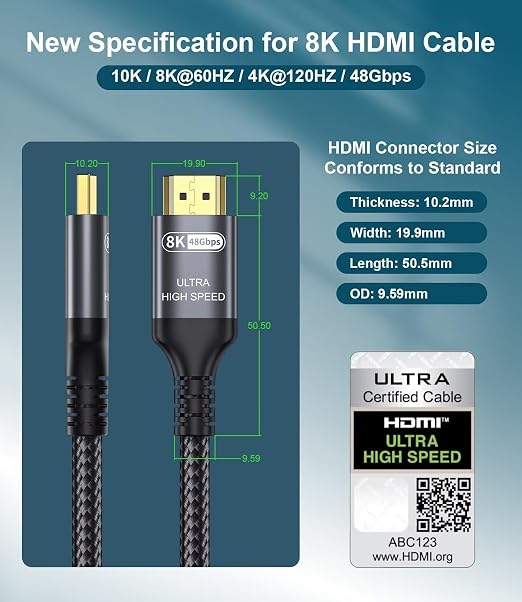 Certified 10K 8K HDMI 2.1 Cable 20 FT, 48Gbps Ultra High Speed HDMI Cable - Image 3