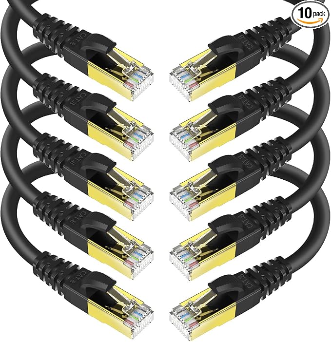 KASIMO CAT 8 Ethernet Cable 1 Feet, 10 Pack Black Shielded SFTP Internet by KASIMO
