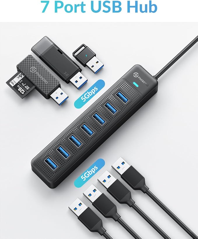 PHIXERO 7 Port USB Hub, 3.3FT/1M Long Cable USB 3.0 Hub Multi USB Port Hub - Image 2