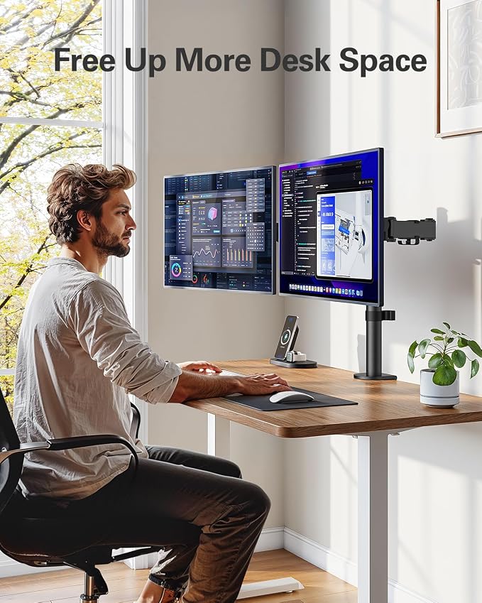 HUANUO Dual Monitor Desk Mount, Heavy-Duty Steel Adjustable Arm - Image 7
