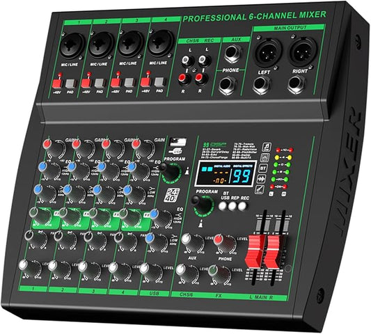 MW-6 black 6-Channel Professional DJ Audio Mixer Portable Controller Mixer by Yamnweo