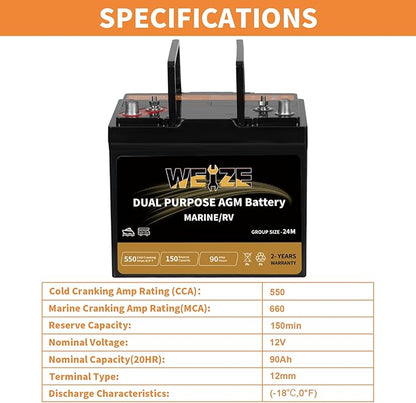 Weize Dual Purpose AGM Battery BCI Group 24M, Starter & Deep Cycle 150RC 550CCA - Image 3